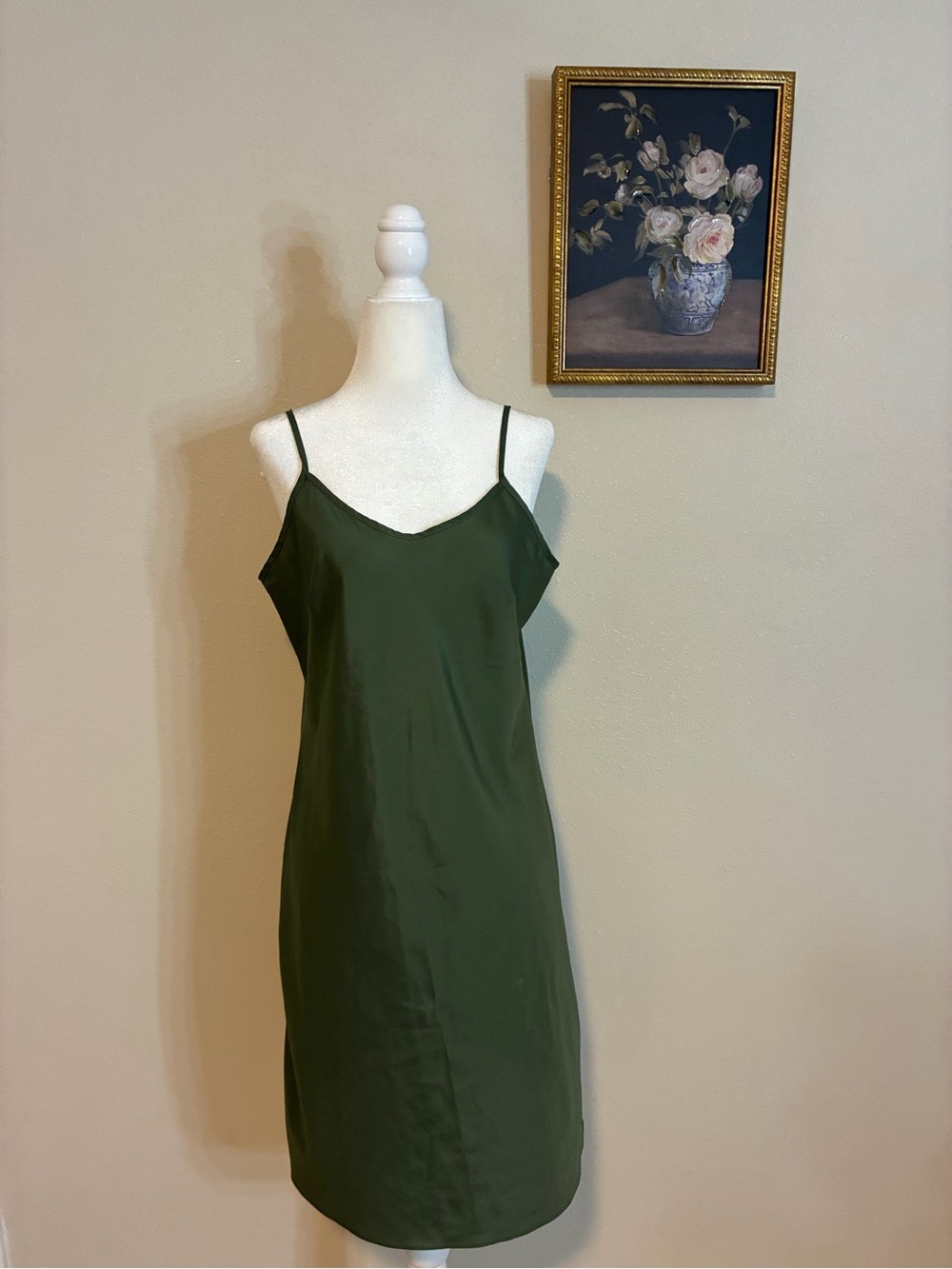 Olive Green Slip Midi Dress - Classic Spaghetti Strap